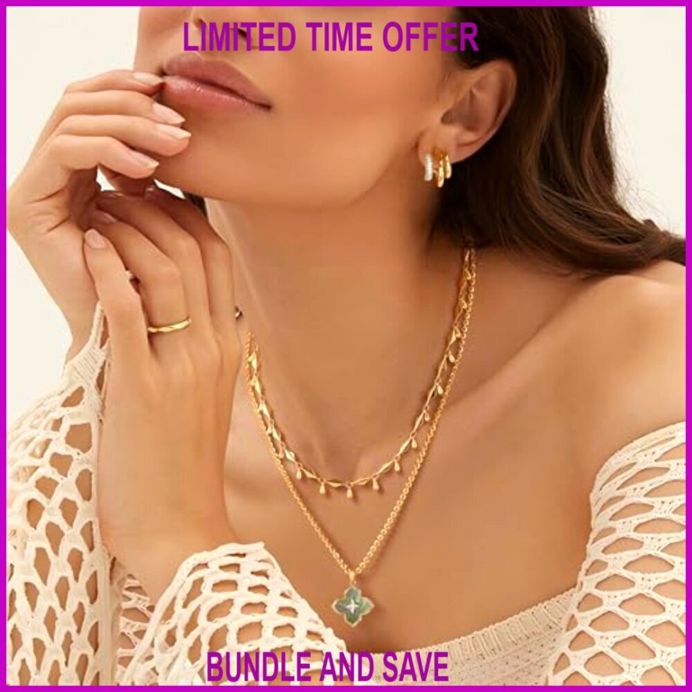 Double-Sided Clover Pendant Necklace 14K Gold Plated Chain 18" Length - Picture 4 of 7